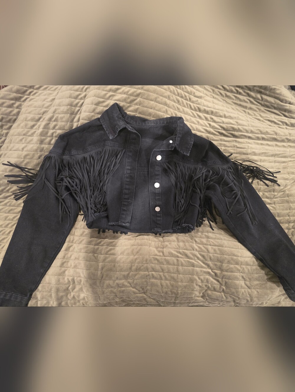 Black Fringe Denim Crop Jacket
